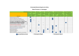 Universidad Nacional Agraria de la Selva
Matriz Procesos v.s. Estrategias
Responsabilidad primaria + Participación Mayor / Participación Menor
 