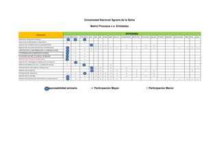Universidad Nacional Agraria de la Selva
Matriz Procesos v.s. Entidades
Responsabilidad primaria + Participación Mayor / Participación Menor
 