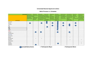 Universidad Nacional Agraria de la Selva
Matriz Procesos v.s. Entidades
Responsabilidad primaria + Participación Mayor / Participación Menor
 