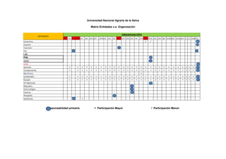 Universidad Nacional Agraria de la Selva
Matriz Entidades v.s. Organización
Responsabilidad primaria + Participación Mayor / Participación Menor
 