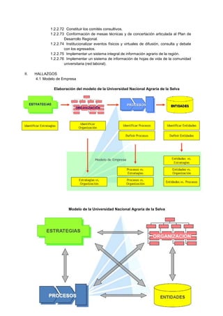 1.2.2.72 Constituir los comités consultivos.
1.2.2.73 Conformación de mesas técnicas y de concertación articulada al Plan de
Desarrollo Regional.
1.2.2.74 Institucionalizar eventos físicos y virtuales de difusión, consulta y debate
con los egresados.
1.2.2.75 Implementar un sistema integral de información agrario de la región.
1.2.2.76 Implementar un sistema de información de hojas de vida de la comunidad
universitaria (red laboral).
II. HALLAZGOS
4.1 Modelo de Empresa
Elaboración del modelo de la Universidad Nacional Agraria de la Selva
Modelo de la Universidad Nacional Agraria de la Selva
 
