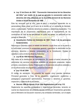 15
 Ley 12 de Enero de 1991: “Convención Internacional de los Derechos
del Niño” por medio de la cual se aprueba la convención sobre los
derechos del niño, adoptada por la Asamblea General de las Naciones
Unidas el 20 de Noviembre de 1989.
Ésta ley reconoce que el niño, para el pleno y armonioso desarrollo de su
personalidad, debe crecer en el seno de la familia, en un ambiente de felicidad,
amor y comprensión. Teniendo derecho a cuidados y asistencias especiales. Y la
importancia de la cooperación internacional para el mejoramiento de las
condiciones de vida de los estudiantes en todos los países, en particular en los
países en desarrollo.
 Constitución Política de Colombia de 1991: Título 1 de los principios
fundamentales.
Reconoce a Colombia como un estado de derecho, cuyos fines son el de servir a
la comunidad, promover la prosperidad general y garantizar la efectividad de los
principios, derechos y deberes consagrados en la Constitución. Declara el
castellano como el idioma oficial de Colombia.
 Ley 60 de 1993 Normas Orgánicas.
Nos habla de la distribución de competencias. En cuanto al sector educativo de
administrar los servicios educativos estatales de educación preescolar, básica
primaria y secundaria y media. Financiación de los servicios educativos estatales y
en la cofinanciación de programas y proyectos educativos.
 Ley 115 de 1994
El código de educación. La presente ley expone cinco grandes temáticas:
Principios generales y fines de la educación, organización académica y
pedagógica, organización administrativa, financiera y derechos y garantías,
inspección y vigilancia de la educación.
 Decreto 1860 de Agosto 10 de 1994 Reglamentario de la ley 115.
Reglamenta los aspectos pedagógicos y organizativos generales, teniendo en
cuenta las disposiciones del presente decreto constituyen lineamientos generales
para el Ministerio de Educación nacional y las entidades territoriales, con el objeto
 