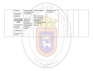 50
Fisiología.
Enfermedades
del sistema
respiratorio.
CIRCULACIÓN
EN LOS SERES
VIVOS:
Funcionamiento
del sistema
circulatorio.
La excreción:
Procesos de la
excreción.
necesarios para
la respiración de
los seres vivos.
Identifica las
funciones y
reconoce la
importancia que
tiene el sistema
respiratorio
humano.
y fuera de clases.
TIC: Utilización de
videos acordes al
tema, además de
búsqueda de
información adicional
por medio del
internet.
compartir con sus
compañeros.
 