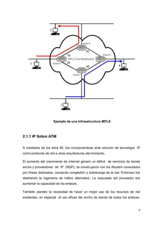 9
Ejemplo de una Infraestructura MPLS
2.1.1 IP Sobre ATM
A mediados de los años 90, fue incorporándose ante solución de tecnología IP
como protocolo de red a otras arquitecturas del momento.
El aumento del crecimiento de Internet generó un déficit de servicios de banda
ancha y proveedores de IP (NSP); se construyeron con los Routers conectados
por líneas dedicadas, causando congestión y sobrecarga de la red. Entonces fue
diseñando la ingeniería de tráfico alternativo. La respuesta del proveedor era
aumentar la capacidad de los enlaces.
También planteó la necesidad de hacer un mejor uso de los recursos de red
existentes, en especial el uso eficaz del ancho de banda de todos los enlaces.
 