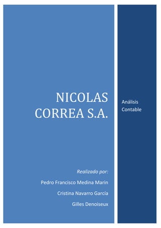 NICOLAS
CORREA S.A.
Realizado por:
Pedro Francisco Medina Marin
Cristina Navarro García
Gilles Denoiseux
Análisis
Contable
 