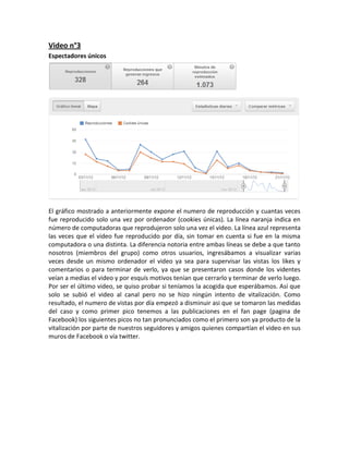 Video n°3
Espectadores únicos




El gráfico mostrado a anteriormente expone el numero de reproducción y cuantas veces
fue reproducido solo una vez por ordenador (cookies únicas). La línea naranja indica en
número de computadoras que reprodujeron solo una vez el video. La línea azul representa
las veces que el video fue reproducido por día, sin tomar en cuenta si fue en la misma
computadora o una distinta. La diferencia notoria entre ambas líneas se debe a que tanto
nosotros (miembros del grupo) como otros usuarios, ingresábamos a visualizar varias
veces desde un mismo ordenador el video ya sea para supervisar las vistas los likes y
comentarios o para terminar de verlo, ya que se presentaron casos donde los videntes
veían a medias el video y por esquís motivos tenían que cerrarlo y terminar de verlo luego.
Por ser el último video, se quiso probar si teníamos la acogida que esperábamos. Así que
solo se subió el video al canal pero no se hizo ningún intento de vitalización. Como
resultado, el numero de vistas por día empezó a disminuir asi que se tomaron las medidas
del caso y como primer pico tenemos a las publicaciones en el fan page (pagina de
Facebook) los siguientes picos no tan pronunciados como el primero son ya producto de la
vitalización por parte de nuestros seguidores y amigos quienes compartían el video en sus
muros de Facebook o vía twitter.
 