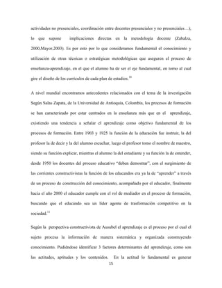 actividades no presenciales, coordinación entre docentes presenciales y no presenciales…),

lo que supone          implicaciones directas en la metodología docente (Zabalza,

2000,Mayor,2003). Es por esto por lo que consideramos fundamental el conocimiento y

utilización de otras técnicas o estratégicas metodológicas que aseguren el proceso de

enseñanza-aprendizaje, en el que el alumno ha de ser el eje fundamental, en torno al cual

gire el diseño de los currículos de cada plan de estudios.10


A nivel mundial encontramos antecedentes relacionados con el tema de la investigación

Según Salas Zapata, de la Universidad de Antioquia, Colombia, los procesos de formación

se han caracterizado por estar centrados en la enseñanza más que en el aprendizaje,

existiendo una tendencia a señalar el aprendizaje como objetivo fundamental de los

procesos de formación. Entre 1903 y 1925 la función de la educación fue instruir, la del

profesor la de decir y la del alumno escuchar, luego el profesor tomo el nombre de maestro,

siendo su función explicar, mientras el alumno la del estudiante y su función la de entender,

desde 1950 los docentes del proceso educativo “deben demostrar”, con el surgimiento de

las corrientes constructivistas la función de los educandos era ya la de “aprender” a través

de un proceso de construcción del conocimiento, acompañado por el educador, finalmente

hacia el año 2000 el educador cumple con el rol de mediador en el proceso de formación,

buscando que el educando sea un líder agente de trasformación competitivo en la

sociedad.11


Según la perspectiva constructivista de Ausubel el aprendizaje es el proceso por el cual el

sujeto procesa la información de manera sistemática y organizada construyendo

conocimiento. Pudiéndose identificar 3 factores determinantes del aprendizaje, como son

las actitudes, aptitudes y los contenidos.         En la actitud lo fundamental es generar
                                              15
 