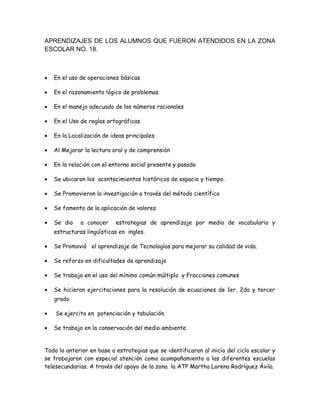 APRENDIZAJES DE LOS ALUMNOS QUE FUERON ATENDIDOS EN LA ZONA
ESCOLAR NO. 18.
• En el uso de operaciones básicas
• En el razonamiento lógico de problemas
• En el manejo adecuado de los números racionales
• En el Uso de reglas ortográficas
• En la Localización de ideas principales
• Al Mejorar la lectura oral y de comprensión
• En la relación con el entorno social presente y pasado
• Se ubicaron los acontecimientos históricos de espacio y tiempo.
• Se Promovieron la investigación a través del método científico
• Se fomento de la aplicación de valores
• Se dio a conocer estrategias de aprendizaje por medio de vocabulario y
estructuras lingüísticas en ingles.
• Se Promovió el aprendizaje de Tecnologías para mejorar su calidad de vida.
• Se reforzo en dificultades de aprendizaje
• Se trabajo en el uso del mínimo común múltiplo y Fracciones comunes
• Se hicieron ejercitaciones para la resolución de ecuaciones de 1er, 2do y tercer
grado.
• Se ejercito en potenciación y tabulación.
• Se trabajo en la conservación del medio ambiente.
Todo lo anterior en base a estrategias que se identificaron al inicio del ciclo escolar y
se trabajaron con especial atención como acompañamiento a las diferentes escuelas
telesecundarias. A través del apoyo de la zona la ATP Martha Lorena Rodríguez Ávila.
 