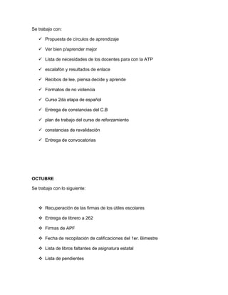 Se trabajo con:
 Propuesta de círculos de aprendizaje
 Ver bien p/aprender mejor
 Lista de necesidades de los docentes para con la ATP
 escalafón y resultados de enlace
 Recibos de lee, piensa decide y aprende
 Formatos de no violencia
 Curso 2da etapa de español
 Entrega de constancias del C.B
 plan de trabajo del curso de reforzamiento
 constancias de revalidación
 Entrega de convocatorias
OCTUBRE
Se trabajo con lo siguiente:
 Recuperación de las firmas de los útiles escolares
 Entrega de librero a 262
 Firmas de APF
 Fecha de recopilación de calificaciones del 1er. Bimestre
 Lista de libros faltantes de asignatura estatal
 Lista de pendientes
 