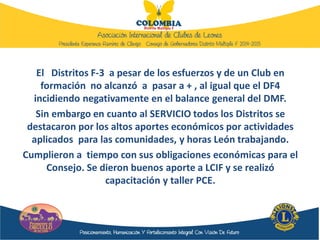 El Distritos F-3 a pesar de los esfuerzos y de un Club en
formación no alcanzó a pasar a + , al igual que el DF4
incidiendo negativamente en el balance general del DMF.
Sin embargo en cuanto al SERVICIO todos los Distritos se
destacaron por los altos aportes económicos por actividades
aplicados para las comunidades, y horas León trabajando.
Cumplieron a tiempo con sus obligaciones económicas para el
Consejo. Se dieron buenos aporte a LCIF y se realizó
capacitación y taller PCE.
 