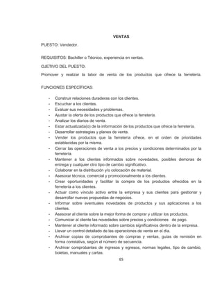 65
VENTAS
PUESTO: Vendedor.
REQUISITOS: Bachiller o Técnico, experiencia en ventas.
OJETIVO DEL PUESTO:
Promover y realizar la labor de venta de los productos que ofrece la ferretería.
FUNCIONES ESPECÍFICAS:
- Construir relaciones duraderas con los clientes.
- Escuchar a los clientes.
- Evaluar sus necesidades y problemas.
- Ajustar la oferta de los productos que ofrece la ferretería.
- Analizar los diarios de venta.
- Estar actualizada(o) de la información de los productos que ofrece la ferretería.
- Desarrollar estrategias y planes de venta.
- Vender los productos que la ferretería ofrece, en el orden de prioridades
establecidas por la misma.
- Cerrar las operaciones de venta a los precios y condiciones determinados por la
ferretería.
- Mantener a los clientes informados sobre novedades, posibles demoras de
entrega y cualquier otro tipo de cambio significativo.
- Colaborar en la distribución y/o colocación de material.
- Asesorar técnica, comercial y promocionalmente a los clientes.
- Crear oportunidades y facilitar la compra de los productos ofrecidos en la
ferretería a los clientes.
- Actuar como vínculo activo entre la empresa y sus clientes para gestionar y
desarrollar nuevas propuestas de negocios.
- Informar sobre eventuales novedades de productos y sus aplicaciones a los
clientes.
- Asesorar al cliente sobre la mejor forma de comprar y utilizar los productos.
- Comunicar al cliente las novedades sobre precios y condiciones de pago.
- Mantener al cliente informado sobre cambios significativos dentro de la empresa.
- Llevar un control detallado de las operaciones de venta en el día.
- Archivar copias de comprobantes de compras y ventas, guías de remisión en
forma correlativa, según el número de secuencia.
- Archivar comprobantes de ingresos y egresos, normas legales, tipo de cambio,
boletas, manuales y cartas.
 