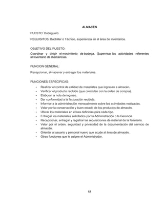 68
ALMACÉN
PUESTO: Bodeguero
REQUISITOS: Bachiller o Técnico, experiencia en el área de inventarios.
OBJETIVO DEL PUESTO:
Coordinar y dirigir el movimiento de bodega. Supervisar las actividades referentes
al inventario de mercancías.
FUNCION GENERAL:
Recepcionar, almacenar y entregar los materiales.
FUNCIONES ESPECÍFICAS:
- Realizar el control de calidad de materiales que ingresan a almacén.
- Verificar el producto recibido (que coincidan con la orden de compra).
- Elaborar la nota de ingreso.
- Dar conformidad a la facturación recibida.
- Informar a la administración mensualmente sobre las actividades realizadas.
- Velar por la conservación y buen estado de los productos de almacén.
- Ubicar los materiales en zonas definidas para cada tipo.
- Entregar los materiales solicitados por la Administración o la Gerencia.
- Recepcionar, entregar y registrar las requisiciones de material de la ferretería.
- Velar por el orden, seguridad y privacidad de la documentación del servicio de
almacén.
- Orientar al usuario y personal nuevo que acude al área de almacén.
- Otras funciones que le asigne el Administrador.
 