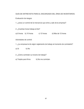 87
GUÍA DE ENTREVISTA PARA EL ENCARGADO DEL ÁREA DE INVENTARIOS.
Evaluación de riesgos:
1. ¿Lleva un control de la mercancía que entra y sale de la empresa?
2. ¿Cuántas horas trabaja al día?
a) 8 horas b) 10 horas c) 12 horas d) Más de 12 horas
Actividades de control:
1. ¿La empresa le dio algún reglamento de trabajo al momento de contratarlo?
a) Si b) No
2. ¿Cómo controlan su horario de trabajo?
a) Tarjeta para firma b) No me controlan
 