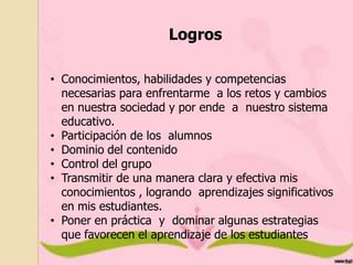 Logros
• Conocimientos, habilidades y competencias
necesarias para enfrentarme a los retos y cambios
en nuestra sociedad y por ende a nuestro sistema
educativo.
• Participación de los alumnos
• Dominio del contenido
• Control del grupo
• Transmitir de una manera clara y efectiva mis
conocimientos , logrando aprendizajes significativos
en mis estudiantes.
• Poner en práctica y dominar algunas estrategias
que favorecen el aprendizaje de los estudiantes

 