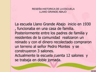 RESEÑA HISTORICA DE LA ESCUELA
LLANO GRANDE ABAJO

La escuela Llano Grande Abajo inicio en 1930
, funcionaba en una casa de familia.
Posteriormente entre los padres de familia y
residentes de la comunidad realizaron un
reinado y con el dinero recolectado compraron
un terreno al señor Pedro Montes y se
construyeron 3 salones.
Actualmente la escuela cuenta 12 salones y
se trabaja en doble jornada.

 
