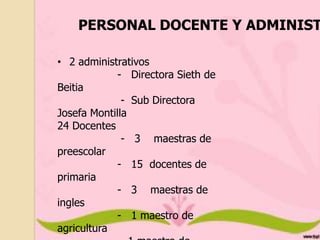 PERSONAL DOCENTE Y ADMINIST
• 2 administrativos
- Directora Sieth de
Beitia
- Sub Directora
Josefa Montilla
24 Docentes
- 3 maestras de
preescolar
- 15 docentes de
primaria
- 3 maestras de
ingles
- 1 maestro de
agricultura

 