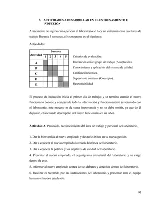 92
3. ACTIVIDADES A DESARROLLAR EN EL ENTRENAMIENTO E
INDUCCIÓN
Al momento de ingresar una persona al laboratorio se hace un entrenamiento en el área de
trabajo Durante 5 semanas, el cronograma es el siguiente:
Actividades:
Actividad
Semana
1 2 3 4 5 Criterios de evaluación:
A Interacción con el grupo de trabajo (Adaptación).
B Conocimiento y aplicación del sistema de calidad.
C Calificación técnica.
D Supervisión continua (Concepto).
E Responsabilidad
El proceso de inducción inicia el primer día de trabajo, y se termina cuando el nuevo
funcionario conoce y comprende toda la información y funcionamiento relacionado con
el laboratorio, este proceso es de suma importancia y no se debe omitir, ya que de él
depende, el adecuado desempeño del nuevo funcionario en su labor.
Actividad A: Protocolo, reconocimiento del área de trabajo y personal del laboratorio.
1. Dar la bienvenida al nuevo empleado y desearle éxitos en su nueva gestión.
2. Dar a conocer al nuevo empleado la reseña histórica del laboratorio.
3. Dar a conocer la política y los objetivos de calidad del laboratorio.
4. Presentar al nuevo empleado, el organigrama estructural del laboratorio y su cargo
dentro de este.
5. Informar al nuevo empleado acerca de sus deberes y derechos dentro del laboratorio.
6. Realizar el recorrido por las instalaciones del laboratorio y presentar ante el equipo
humano el nuevo empleado.
 
