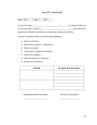 95
Anexo N°3: Autorización
Fecha: Día: Mes: Año
EL (La) Dr. (Ing.) ____________________________________, en calidad de Director
(a) del Laboratorio, autoriza a _________________________________, para realizar las
siguientes actividades de acuerdo al entrenamiento e inducción recibidas:
Lista de Actividades (Incluir en la tabla las que apliquen):
• Atención al Cliente.
• Realización de ensayos / calibraciones.
• Manejo de equipos.
• Verificación y validación de métodos.
• Análisis de resultados.
• Emitir declaraciones y opiniones.
• Análisis de desviaciones.
Actividad Descripción de la Autorización
Firma Responsable Autorizado:
_________________________
Director de Laboratorio:
_____________________
 
