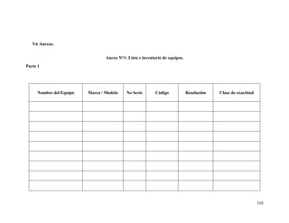 110
5.6 Anexos.
Anexo N°1: Lista e inventario de equipos.
Parte 1
Nombre del Equipo Marca / Modelo No Serie Código Resolución Clase de exactitud
 