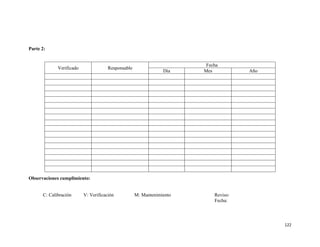 122
Parte 2:
Observaciones cumplimiento:
C: Calibración V: Verificación M: Mantenimiento Reviso:
Fecha:
Verificado Responsable
Fecha
Día Mes Año
 