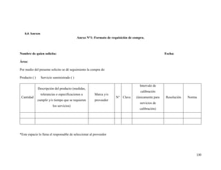 130
6.6 Anexos
Anexo N°1: Formato de requisición de compra.
Nombre de quien solicita: Fecha:
Área:
Por medio del presente solicito se dé seguimiento la compra de:
Producto ( ) Servicio suministrado ( )
Cantidad
Descripción del producto (medidas,
tolerancias o especificaciones a
cumplir y/o tiempo que se requieren
los servicios)
Marca y/o
proveedor
N° Clave
Intervalo de
calibración
(únicamente para
servicios de
calibración)
Resolución Norma
*Este espacio lo llena el responsable de seleccionar al proveedor
 
