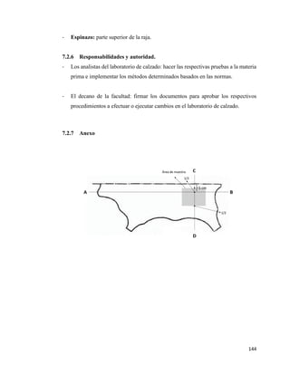 144
- Espinazo: parte superior de la raja.
7.2.6 Responsabilidades y autoridad.
- Los analistas del laboratorio de calzado: hacer las respectivas pruebas a la materia
prima e implementar los métodos determinados basados en las normas.
- El decano de la facultad: firmar los documentos para aprobar los respectivos
procedimientos a efectuar o ejecutar cambios en el laboratorio de calzado.
7.2.7 Anexo
 