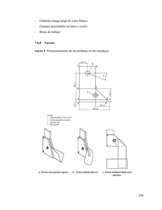 159
- Gabacha manga larga de color blanco.
- Guantes desechables de látex o vinilo.
- Botas de trabajo.
7.6.8 Anexos.
Anexo 1. Posicionamiento de las probetas en las mordazas.
 
