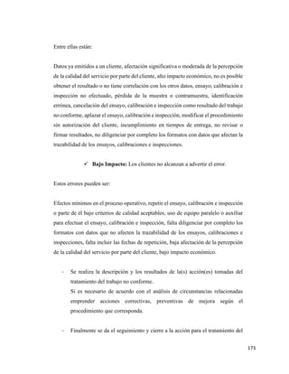 173
Entre ellas están:
Datos ya emitidos a un cliente, afectación significativa o moderada de la percepción
de la calidad del servicio por parte del cliente, alto impacto económico, no es posible
obtener el resultado o no tiene correlación con los otros datos, ensayo, calibración e
inspección no efectuado, pérdida de la muestra o contramuestra, identificación
errónea, cancelación del ensayo, calibración e inspección como resultado del trabajo
no conforme, aplazar el ensayo, calibración e inspección, modificar el procedimiento
sin autorización del cliente, incumplimiento en tiempos de entrega, no revisar o
firmar resultados, no diligenciar por completo los formatos con datos que afectan la
trazabilidad de los ensayos, calibraciones e inspecciones.
✓ Bajo Impacto: Los clientes no alcanzan a advertir el error.
Estos errores pueden ser:
Efectos mínimos en el proceso operativo, repetir el ensayo, calibración e inspección
o parte de él bajo criterios de calidad aceptables, uso de equipo paralelo o auxiliar
para efectuar el ensayo, calibración e inspección, falta diligenciar por completo los
formatos con datos que no afecten la trazabilidad de los ensayos, calibraciones e
inspecciones, falta incluir las fechas de repetición, baja afectación de la percepción
de la calidad del servicio por parte del cliente, bajo impacto económico.
- Se realiza la descripción y los resultados de la(s) acción(es) tomadas del
tratamiento del trabajo no conforme.
Si es necesario de acuerdo con el análisis de circunstancias relacionadas
emprender acciones correctivas, preventivas de mejora según el
procedimiento que corresponda.
- Finalmente se da el seguimiento y cierre a la acción para el tratamiento del
 