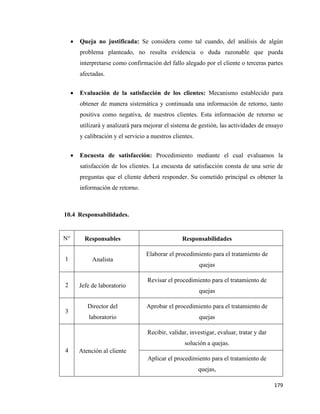179
• Queja no justificada: Se considera como tal cuando, del análisis de algún
problema planteado, no resulta evidencia o duda razonable que pueda
interpretarse como confirmación del fallo alegado por el cliente o terceras partes
afectadas.
• Evaluación de la satisfacción de los clientes: Mecanismo establecido para
obtener de manera sistemática y continuada una información de retorno, tanto
positiva como negativa, de nuestros clientes. Esta información de retorno se
utilizará y analizará para mejorar el sistema de gestión, las actividades de ensayo
y calibración y el servicio a nuestros clientes.
• Encuesta de satisfacción: Procedimiento mediante el cual evaluamos la
satisfacción de los clientes. La encuesta de satisfacción consta de una serie de
preguntas que el cliente deberá responder. Su cometido principal es obtener la
información de retorno.
10.4 Responsabilidades.
N° Responsables Responsabilidades
1 Analista
Elaborar el procedimiento para el tratamiento de
quejas
2 Jefe de laboratorio
Revisar el procedimiento para el tratamiento de
quejas
3
Director del
laboratorio
Aprobar el procedimiento para el tratamiento de
quejas
4 Atención al cliente
Recibir, validar, investigar, evaluar, tratar y dar
solución a quejas.
Aplicar el procedimiento para el tratamiento de
quejas,
 