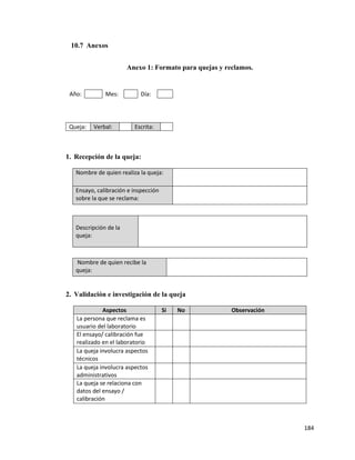 184
10.7 Anexos
Anexo 1: Formato para quejas y reclamos.
Año: Mes: Día:
Queja: Verbal: Escrita:
1. Recepción de la queja:
Nombre de quien realiza la queja:
Ensayo, calibración e inspección
sobre la que se reclama:
Descripción de la
queja:
Nombre de quien recibe la
queja:
2. Validación e investigación de la queja
Aspectos Si No Observación
La persona que reclama es
usuario del laboratorio
El ensayo/ calibración fue
realizado en el laboratorio
La queja involucra aspectos
técnicos
La queja involucra aspectos
administrativos
La queja se relaciona con
datos del ensayo /
calibración
 