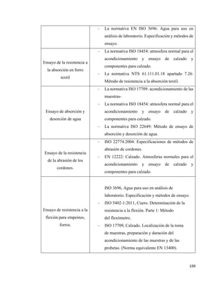 199
- La normativa EN ISO 3696: Agua para uso en
análisis de laboratorio. Especificación y métodos de
ensayo.
Ensayo de la resistencia a
la absorción en forro
textil
- La normativa ISO 18454: atmosfera normal para el
acondicionamiento y ensayo de calzado y
componentes para calzado.
- La normativa NTS 61.111.01.18 apartado 7.26:
Método de resistencia a la absorción textil.
Ensayo de absorción y
desorción de agua
- La normativa ISO 17709: acondicionamiento de las
muestras-
- La normativa ISO 18454: atmosfera normal para el
acondicionamiento y ensayo de calzado y
componentes para calzado.
- La normativa ISO 22649: Método de ensayo de
absorción y desorción de agua.
Ensayo de la resistencia
de la abrasión de los
cordones.
- ISO 22774:2004: Especificaciones de métodos de
abrasión de cordones.
- EN 12222: Calzado. Atmosferas normales para el
acondicionamiento y ensayo de calzado y
componentes para calzado.
Ensayo de resistencia a la
flexión para empeines,
forros.
ISO 3696, Agua para uso en análisis de
laboratorio. Especificación y métodos de ensayo.
- ISO 5402-1:2011, Cuero. Determinación de la
resistencia a la flexión. Parte 1: Método
del flexómetro.
- ISO 17709, Calzado. Localización de la toma
de muestras, preparación y duración del
acondicionamiento de las muestras y de las
probetas. (Norma equivalente EN 13400).
 