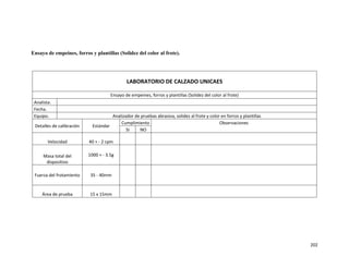 202
Ensayo de empeines, forros y plantillas (Solidez del color al frote).
LABORATORIO DE CALZADO UNICAES
Ensayo de empeines, forros y plantillas (Solidez del color al frote)
Analista.
Fecha.
Equipo. Analizador de pruebas abrasiva, solidez al frote y color en forros y plantillas
Detalles de calibración Estándar
Cumplimiento Observaciones
SI NO
Velocidad 40 + - 2 cpm
Masa total del
dispositivo
1000 + - 3.5g
Fuerza del frotamiento 35 - 40mm
Área de prueba 15 x 15mm
 