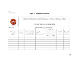 249
16.7 Anexos.
Anexo 1: Listado maestro de registros.
LABORATORIO DE CALZADO UNIVERSIDAD CATÓLICA DE EL SALVADOR
LISTADO MAESTRO DE REGISTROS
PROCESO: FECHA DE ACTUALIZACIÓN:
Nombre del
registro
Código
Responsable del
manejo del archivo
Lugar de
almacenamiento
Medio de
almacenamiento Nivel de
acceso
Tiempo de
retención
Impreso Digital
 