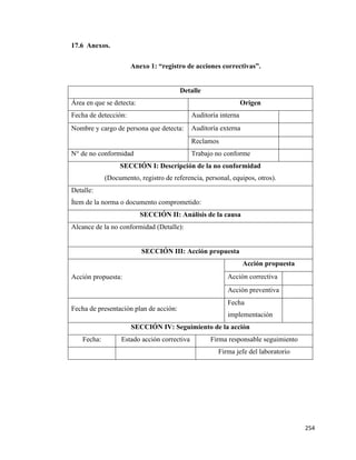 254
17.6 Anexos.
Anexo 1: “registro de acciones correctivas”.
Detalle
Área en que se detecta: Origen
Fecha de detección: Auditoría interna
Nombre y cargo de persona que detecta: Auditoría externa
Reclamos
N° de no conformidad Trabajo no conforme
SECCIÓN I: Descripción de la no conformidad
(Documento, registro de referencia, personal, equipos, otros).
Detalle:
Ítem de la norma o documento comprometido:
SECCIÓN II: Análisis de la causa
Alcance de la no conformidad (Detalle):
SECCIÓN III: Acción propuesta
Acción propuesta:
Acción propuesta
Acción correctiva
Acción preventiva
Fecha de presentación plan de acción:
Fecha
implementación
SECCIÓN IV: Seguimiento de la acción
Fecha: Estado acción correctiva Firma responsable seguimiento
Firma jefe del laboratorio
 