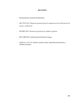 280
RECURSOS
- Documentación existente del laboratorio.
- ISO 17025:2017. Requisitos generales para la competencia de los laboratorios de
ensayo y calibración
- ISO 9001:2015. Sistemas de gestión de la calidad- requisitos
- ISO 31000:2018, Administración/Gestión de riesgos
- ANTS 61.111.01:18. Calzado, calzado escolar, especificaciones técnicas y
métodos de ensayo.
 