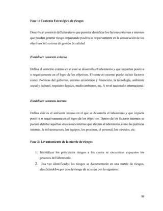 36
Fase 1: Contexto Estratégico de riesgos
Describa el contexto del laboratorio que permita identificar los factores externos e internos
que puedan generar riesgo impactando positiva o negativamente en la consecución de los
objetivos del sistema de gestión de calidad
Establecer contexto externo
Defina el contexto externo en el cual se desarrolla el laboratorio y que impactan positiva
o negativamente en el logro de los objetivos. El contexto externo puede incluir factores
como: Políticas del gobierno, entorno económico y financiero, la tecnología, ambiente
social y cultural, requisitos legales, medio ambiente, etc. A nivel nacional e internacional.
Establecer contexto interno
Defina cuál es el ambiente interno en el que se desarrolla el laboratorio y que impacta
positiva o negativamente en el logro de los objetivos. Dentro de los factores internos se
pueden detallar aquellas situaciones internas que afectan al laboratorio, como las políticas
internas, la infraestructura, los equipos, los procesos, el personal, los métodos, etc.
Fase 2: Levantamiento de la matriz de riesgos
1. Iidentificar los principales riesgos a los cuales se encuentran expuestos los
procesos del laboratorio.
2. Una vez identificados los riesgos se documentarán en una matriz de riesgos,
clasificándolos por tipo de riesgo de acuerdo con lo siguiente:
 