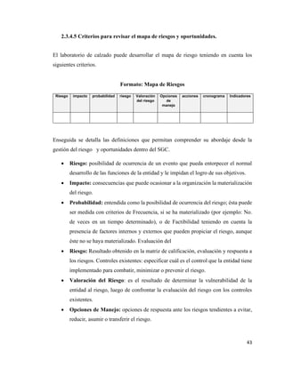 43
2.3.4.5 Criterios para revisar el mapa de riesgos y oportunidades.
El laboratorio de calzado puede desarrollar el mapa de riesgo teniendo en cuenta los
siguientes criterios.
Formato: Mapa de Riesgos
Enseguida se detalla las definiciones que permitan comprender su abordaje desde la
gestión del riesgo y oportunidades dentro del SGC.
• Riesgo: posibilidad de ocurrencia de un evento que pueda entorpecer el normal
desarrollo de las funciones de la entidad y le impidan el logro de sus objetivos.
• Impacto: consecuencias que puede ocasionar a la organización la materialización
del riesgo.
• Probabilidad: entendida como la posibilidad de ocurrencia del riesgo; ésta puede
ser medida con criterios de Frecuencia, si se ha materializado (por ejemplo: No.
de veces en un tiempo determinado), o de Factibilidad teniendo en cuenta la
presencia de factores internos y externos que pueden propiciar el riesgo, aunque
éste no se haya materializado. Evaluación del
• Riesgo: Resultado obtenido en la matriz de calificación, evaluación y respuesta a
los riesgos. Controles existentes: especificar cuál es el control que la entidad tiene
implementado para combatir, minimizar o prevenir el riesgo.
• Valoración del Riesgo: es el resultado de determinar la vulnerabilidad de la
entidad al riesgo, luego de confrontar la evaluación del riesgo con los controles
existentes.
• Opciones de Manejo: opciones de respuesta ante los riesgos tendientes a evitar,
reducir, asumir o transferir el riesgo.
Riesgo impacto probabilidad riesgo Valoración
del riesgo
Opciones
de
manejo
acciones cronograma Indicadores
 