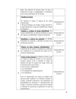 45
debe estar descrito de manera clara, sin que su
redacción dé lugar a ambigüedades o confusiones
con la causa generadora de los mismos.
3
Clasificar el riesgo
Se clasifica el riesgo en alguna de las clases
identificadas:
• Riesgo Estratégico, de imagen, riesgos operativos,
riesgos financieros, riesgos de cumplimiento, riesgos
tecnológicos
Responsable por
proceso
4
Analizar y evaluar el riesgo identificado Los
riesgos identificados se analizan teniendo en cuenta
dos aspectos: probabilidad e impacto atendiendo.
Responsable por
proceso
5
Identificar y valorar los controles Se deberán
identificar los controles y valorarlos con base en la
escala para controles.
Responsable por
proceso
6
Valorar el (los) riesgo(s) identificado(s) La
valoración de los riesgos es producto de confrontar
los resultados de la evaluación del riesgo con los
controles identificados.
Responsable por
proceso
7
Tratar el (los) riesgo(s) Se definen la forma como
se tratará el riesgo de acuerdo con las opciones:
Asumir, reducir, evitar o transferir el riesgo. Se
definen del plan de manejo del riesgo como una
acción preventiva que incluye:
• Las acciones a implementar
• Los responsables
• El cronograma de implementación
• Los indicadores
Una vez identificados los riesgos de calidad, cada
proceso debe establecer los controles teniendo en
cuenta: Controles preventivos, que disminuyen la
probabilidad de ocurrencia o materialización del
riesgo; y Controles correctivos, que buscan combatir
o eliminar las causas que lo generaron, en caso de
materializarse.
Responsable por
proceso
 