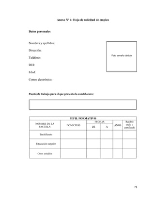 73
Foto tamaño cédula
Anexo Nº 4: Hoja de solicitud de empleo
Datos personales
Nombres y apellidos:
Dirección:
Teléfono:
DUI:
Edad:
Correo electrónico:
Puesto de trabajo para el que presenta la candidatura:
PEFIL FORMATIVO
NOMBRE DE LA
ESCUELA
DOMICILIO
FECHAS
AÑOS
Recibió
título o
certificado
DE A
Bachillerato
Educación superior
Otros estudios
 