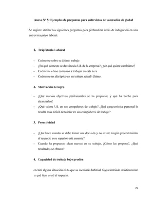 76
Anexo Nº 5: Ejemplos de preguntas para entrevistas de valoración de global
Se sugiere utilizar las siguientes preguntas para profundizar áreas de indagación en una
entrevista psico laboral.
1. Trayectoria Laboral
- Cuénteme sobre su último trabajo
- ¿En qué contexto se desvincula Ud. de la empresa? ¿por qué quiere cambiarse?
- Cuénteme cómo comenzó a trabajar en esta área
- Cuénteme un día típico en su trabajo actual/ último.
2. Motivación de logro
- ¿Qué nuevos objetivos profesionales se ha propuesto y qué ha hecho para
alcanzarlos?
- ¿Qué valora Ud. en sus compañeros de trabajo? ¿Qué característica personal le
resulta más difícil de tolerar en sus compañeros de trabajo?
3. Proactividad
- ¿Qué hace cuando se debe tomar una decisión y no existe ningún procedimiento
al respecto o su superior está ausente?
- Cuando ha propuesto ideas nuevas en su trabajo, ¿Cómo las propone?, ¿Qué
resultados se obtuvo?
4. Capacidad de trabajo bajo presión
-Relate alguna situación en la que su escenario habitual haya cambiado drásticamente
y qué hizo usted al respecto.
 