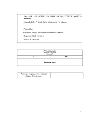 83
¿Volvería usted a
trabajar con esta
persona?
SI NO
Observaciones
Nombre y cargo de quien realiza el
chequeo de referencias
PRINCIPALES DEBILIDADES
Describa aquellas actividades con las que tenía mayor dificultad.
EVALUAR LOS SIGUIENTES ASPECTOS DEL COMPORTAMIENTO
LABORAL
En escala de 1 a 7, siendo 1 el nivel mínimo y 7 el máximo
Puntualidad:
Calidad del trabajo: Relaciones interpersonales: Orden:
Responsabilidad: Iniciativa:
Manejo de conflictos:
 
