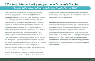 11
10/11/2023
Informe final proyecto Emplea Circular| Noviembre 2023
0.Contexto internacional y europeo de la Economía Circular
Estrategia Española de Economía Circular: España Circular 2030
España, según los datos obtenidos del Instituto Nacional de
estadística, produjo en 2017 un total de 132,1 millones de
toneladas de residuos, un 2,3% más que el año anterior. De estos
132,1 millones de toneladas un 36,11% se reciclo, un 51,16%
fueron residuos de vertido y un 12,73% se incinero. En cuanto a
los gases de efecto invernadero, España produjo en 2018 340,7
millones de toneladas de estos, un 2,3% menos que el año
anterior. El consumo de materiales aumento un 3,7% en 2018, lo
que equivale a un total de 423 millones de toneladas y, sin
embargo, la productividad de los materiales disminuyo en un
1,3%. Por otro lado, la industria destinó en 2018 un 0,42% de su
cifra de negocios a la protección del medio ambiente, lo que en
total supone una cuantía de 2.519 millones de euros, un 1,2% más
que lo que se invirtió en 2017. La huella ecológica es un
parámetro que mide la superficie necesaria por ciudadano medio
de una comunidad para producir los recursos que este consume,
así como la necesaria para absorber los residuos que produce.
Según el informe España Circular 2030, en el año 2013, España
contaba con una huella ecológica de 4 hectáreas por habitante
encontrándose así en el puesto 58 de países a nivel mundial con
mayor huella ecológica por habitante.
España Circular 2030 sienta las bases para impulsar un nuevo
modelo de producción y consumo en el que el valor de productos,
materiales y recursos se mantengan en la economía durante el
mayor tiempo posible, en la que se reduzcan al mínimo la
generación de residuos y se aprovechen con el mayor alcance
posible los que no se pueden evitar. La Estrategia contribuye así a
los esfuerzos de España por lograr una economía sostenible,
descarbonizada, eficiente en el uso de los recursos y competitiva.
Esta estrategia se materializará a través de sucesivos planes de
acción trienales.
 