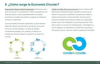 14
10/11/2023
Regenerative Design; Diseño regenerativo. Esta teoría nace a
partir de que John T. Lyle afirmara en 1994 la necesidad de crear
sistemas cíclicos, no solo medioambientales sino también
económicos y sociales que puedan ser capaces de restaurarse,
renovarse y regenerarse.
El principal objetivo del diseño regenerativo es crear sistemas
totalmente eficaces que permitan la coevolución de recursos
humanos y de otras especies. Las ideas de Lyle iban
principalmente dirigidas a las ciudades y la creación de
ecosistemas urbanos capaces de regenerar sus sistemas y
recursos.
Cradle to Cradle; De la cuna a la cuna. Teoría creada por Bill
McDonough y Michael Braungart inspirados en las teorías de
Stahel. En esta teoría se defiende la necesidad de cambiar el
sistema de producción a través del diseño. Se busca que el
producto se diseñe de tal manera que todos sus componentes
puedan volver a ser reutilizados en procesos posteriores. Para
ello se basan en una serie de consideraciones: ciclo biológico vs
ciclo tecnológico; eco efectividad vs ecoeficiencia; upcycling vs
downcycling; basura = alimento; diseñar respetando la diversidad.
Informe final proyecto Emplea Circular| Noviembre 2023
0. ¿Cómo surge la Economía Circular?
 