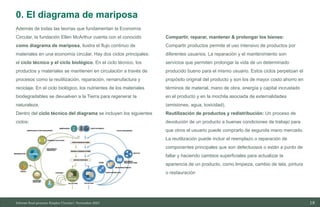 18
10/11/2023
.
Informe final proyecto Emplea Circular| Noviembre 2023
0. El diagrama de mariposa
Además de todas las teorías que fundamentan la Economía
Circular, la fundación Ellen McArthur cuenta con el conocido
como diagrama de mariposa, ilustra el flujo continuo de
materiales en una economía circular. Hay dos ciclos principales:
el ciclo técnico y el ciclo biológico. En el ciclo técnico, los
productos y materiales se mantienen en circulación a través de
procesos como la reutilización, reparación, remanufactura y
reciclaje. En el ciclo biológico, los nutrientes de los materiales
biodegradables se devuelven a la Tierra para regenerar la
naturaleza.
Dentro del ciclo técnico del diagrama se incluyen los siguientes
ciclos:
Compartir, reparar, mantener & prolongar los bienes:
Compartir productos permite el uso intensivo de productos por
diferentes usuarios. La reparación y el mantenimiento son
servicios que permiten prolongar la vida de un determinado
producido bueno para el mismo usuario. Estos ciclos perpetúan el
propósito original del producto y son los de mayor costo ahorro en
términos de material, mano de obra, energía y capital incrustado
en el producto y en la mochila asociada de externalidades
(emisiones, agua, toxicidad).
Reutilización de productos y redistribución: Un proceso de
devolución de un producto a buenas condiciones de trabajo para
que otros el usuario puede comprarlo de segunda mano mercado.
La reutilización puede incluir el reemplazo o reparación de
componentes principales que son defectuosos o están a punto de
fallar y haciendo cambios superficiales para actualizar la
apariencia de un producto, como limpieza, cambio de tela, pintura
o restauración
 