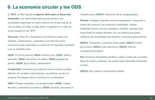 24
10/11/2023
En 2015, la ONU aprobó la Agenda 2030 sobre el Desarrollo
Sostenible, una oportunidad para que los países y sus
sociedades emprendan un nuevo camino con el que mejorar la
vida de todos, sin dejar a nadie atrás. La agenda es un plan de
acción basado en las “5 P”.
Personas: Poner fin a la pobreza y el hambre en todos sus
tamaños y dimensiones, y garantizar que todos los seres
humanos puedan desarrollar su potencial con dignidad e igualdad
y en un ambiente sano.
ODS1- Fin de la pobreza; ODS2- Hambre cero; ODS3- Salud y
bienestar; ODS4- Educación de calidad; ODS5- Igualdad de
género; ODS6- Agua limpia y saneamiento.
Prosperidad: Garantizar que todos los seres humanos puedan
disfrutar de una plena vida próspera y económica, social y el
progreso tecnológico está en armonía con la naturaleza.
ODS7- Energía asequible y no contaminantes; ODS8- Trabajo
decente y crecimiento económico; ODS9- Industria, innovación e
infraestructura; ODS10- Reducción de las desigualdades.
Planeta: Proteger el planeta contra la degradación, incluyendo a
través del consumo y la producción sostenibles, manejo
sostenible de sus recursos naturales y medidas urgentes para
hacer frente al cambio climático, en una manera que pueda
satisfacer las necesidades del presente y del futuro generaciones
ODS12- Producción y consume responsable; ODS13- Acción
por el clima; ODS14- Vida submarina; ODS15- Vida de
ecosistemas terrestres.
Paz: Promover sociedades pacíficas, justas e inclusivas que están
libres de miedo y violencia. No puede haber Desarrollo Sostenible
sin Paz.
ODS16- Paz, justicia e instituciones solidad
Informe final proyecto Emplea Circular| Noviembre 2023
0. La economía circular y los ODS
 