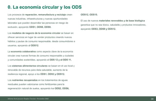 26
10/11/2023
Los procesos de reparación, remanufactura y reciclaje crean
nuevas industrias, infraestructuras y nuevas oportunidades
laborales que pueden desarrollar las personas en riesgo de
exclusión, apoyando ODS1, ODS8, ODS9.
Los modelos de negocio de la economía circular se basan en
ofrecer servicios en lugar de vender productos creando nuevos
hábitos y pautas de consumo responsable, desde consumidores a
usuarios, apoyando al ODS12.
La economía colaborativa como aspecto clave de la economía
circular crea nuevas formas de consumo responsable y ciudades
y comunidades sostenibles, apoyando el ODS 12 y el ODS 11.
Los sistemas alimentarios circulares se basan en el uso local y
renovable de recursos para dieta saludable, aumento de la
resiliencia regional, apoyo a los ODS1, ODS3 y ODS12.
Los nutrientes recuperados en los tratamientos de aguas
residuales pueden valorizarse como fertilizantes para la
regeneración natural de suelos, apoyando los ODS2, ODS6,
ODS12, ODS15.
El uso de nuevos materiales renovables y de base biológica
garantiza que no sea tóxico, saludable y productos innovadores,
apoyando ODS3, ODS9 y ODS12.
Informe final proyecto Emplea Circular| Noviembre 2023
0. La economía circular y los ODS
 