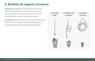 29
10/11/2023
Valorización en cascada: Se trata de diseñar en productos y
servicios en que todo el valor se aproveche a lo largo de la
cadena de suministro. Es decir, que de cada uso o vida del
producto se pueda ir sacando el máximo valor posible.
Servitización: Ofrecer productos como servicios de tal forma que
al consumidor se le ofrezca el uso y disfrute del producto sin
mantenimiento, reparación o disposición final del producto.
Informe final proyecto Emplea Circular| Noviembre 2023
0. Modelos de negocio circulares
 