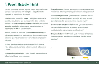 33
10/11/2023
Una vez aprobado el proyecto el primer paso a seguir fue conocer
cuál era la situación en cuanto a empleo y a oportunidades
laborales en el Principado de Asturias.
Para ello, dimos comienzo a la Fase I del proyecto en la que se
ejecutó un estudio en el que se analizaron los datos existentes
relativos a la situación demográfica del Principado, así como la
situación económica asturiana en la que cabe destacar el
crecimiento del PIB en los últimos años.
Además, también se analizaron los sectores económicos que
más empleo generaban en nuestra región, así como los concejos
asturianos que más empleabilidad o concentración empresarial
presentan.
En base al análisis de estos datos se definieron una serie de
retos a los que se buscaría dar solución mediante la Economía
Circular:
El decaimiento demográfico y cómo influye o qué papel jugaría
la Economía Circular como respuesta.
El envejecimiento, ¿puede la economía circular afrontar de algún
modo el reto del envejecimiento y convertirlo en una oportunidad?
Los sectores prioritarios, ¿pueden desde la economía circular
configurarse propuestas de valor atractivas para estos sectores o
para alguno de ellos que represente un impacto mayor?
Incorporación de la Economía Circular, ¿puede la economía
circular adaptarse mediante un itinerario profesional a las
vicisitudes de los segmentos que se seleccionen?
Encaje de la Economía Circular, ¿cuál podría ser el rol o roles
que desempeñaría la economía circular en el mercado laboral
asturiano?
.
Informe final proyecto Emplea Circular| Noviembre 2023
1. Fase I: Estudio Inicial
 