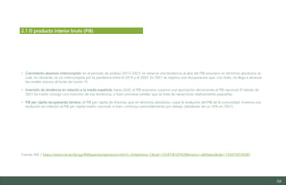 59
• Crecimiento absoluto interrumpido: en el período de análisis (2013-2021) se observa una tendencia al alza del PIB asturiano en términos absolutos, la
cual, no obstante, se vio interrumpida por la pandemia entre el 2019 y el 2020. En 2021 se registra una recuperación que, con todo, no llega a alcanzar
los niveles previos al brote de Covid-19.
• Inversión de tendencia en relación a la media española: hasta 2020, el PIB asturiano suponía una aportación decreciente al PIB nacional. El rebote de
2021 ha traído consigo una inversión de esa tendencia, si bien conviene señalar que se trata de variaciones relativamente pequeñas.
• PIB per cápita recuperando terreno: el PIB per cápita de Asturias, que en términos absolutos, copia la evolución del PIB de la comunidad, muestra una
evolución en relación al PIB per cápita medio nacional, si bien, continúa ostensiblemente por debajo (alrededor de un 10% en 2021):
Fuente: INE / https://www.ine.es/dyngs/INEbase/es/operacion.htm?c=Estadistica_C&cid=1254736167628&menu=ultiDatos&idp=1254735576581
2.1 El producto interior bruto (PIB)
Estudio del mercado laboral y las oportunidades de la economía circular en Asturias
D1 – Informe
 
