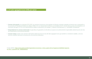 63
• Sectores más pujantes: en el periodo 2013-2021, los sectores económicos más pujantes en Asturias continúan siéndolo en términos de su aportación a
la economía; se trata de las familias de códigos CNAE G-H-I, en donde está el comercio y la hostelería, B-D-E, donde está la producción energética o el
suministro de agua, O-P-Q, con la administración pública, la educación y la sanidad, C, industria manufacturera, y L, actividades inmobiliarias.
• Marginalidad de los sectores tradicionales: la agricultura, la ganadería, la silvicultura y la pesca son prácticamente inapreciables desde el punto de vista
de su aportación a la economía asturiana.
• Sectores medios: existen unos sectores intermedios desde el punto de vista del valor agregado bruto que también se mantienen estables, como las
servicios científico-técnicos, la construcción y los servicios financieros.
Fuente: SADEI / https://www.sadei.es/sadei/magnitudes-economicas--renta-y-gasto-de-los-hogares/contabilidad-regional.-
ine_182_1_ap.html?f=04__04$$040404.px
2.2 El valor agregado bruto (VAB) por sector
Estudio del mercado laboral y las oportunidades de la economía circular en Asturias
D1 – Informe
 